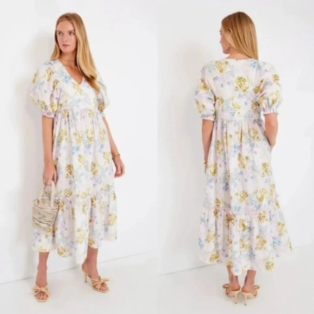 B44 Hunter Bell Palmer Maxi Dress Floral Puff Sleeve Flowy Garden Party - Picture 3 of 12